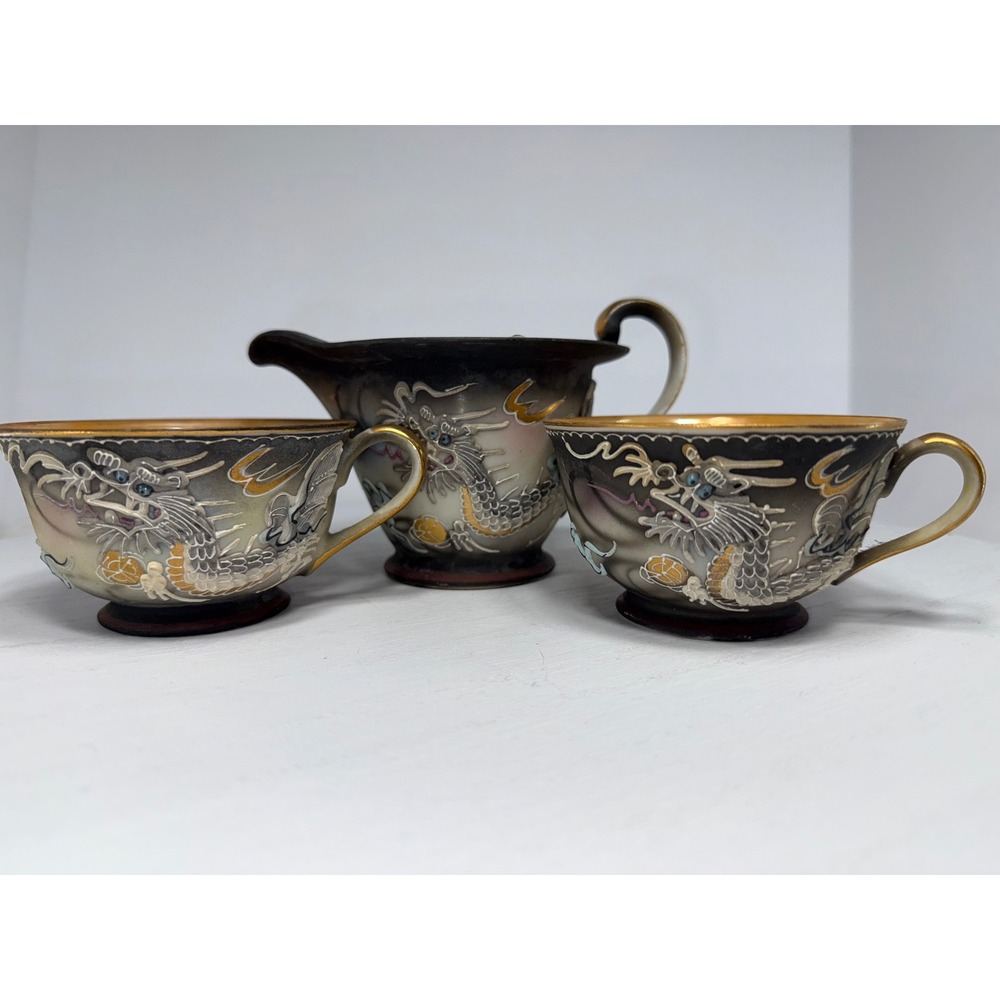 Vintage Handpainted Japan Dragon Creamer Pitcher and Two Cups Set Nikko